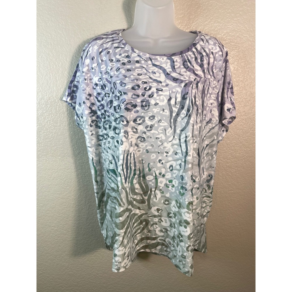 Chicos 2 US L Top Purple Mixed Animal Print Short Sleeve Stretch Jersey Blouse